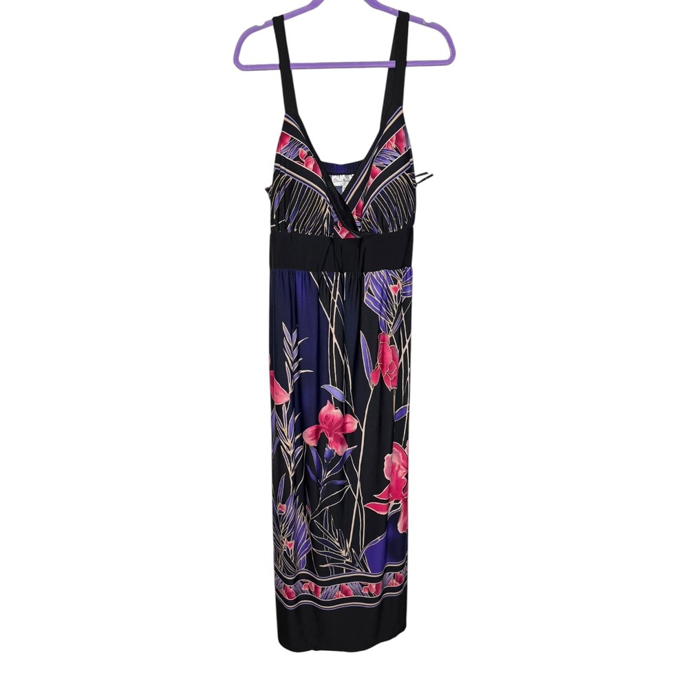 Olivia Matthews 18W Black Pink Floral Surplice Maxi Dress Tropical Summer Boho